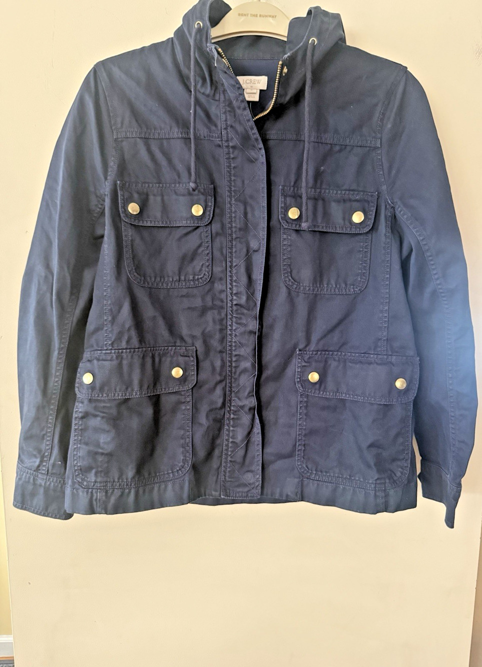 J Crew Unisex Hooded Zip Jacket Military Field Cargo Jacket Sz Med Navy Blue EUC - Picture 1 of 8
